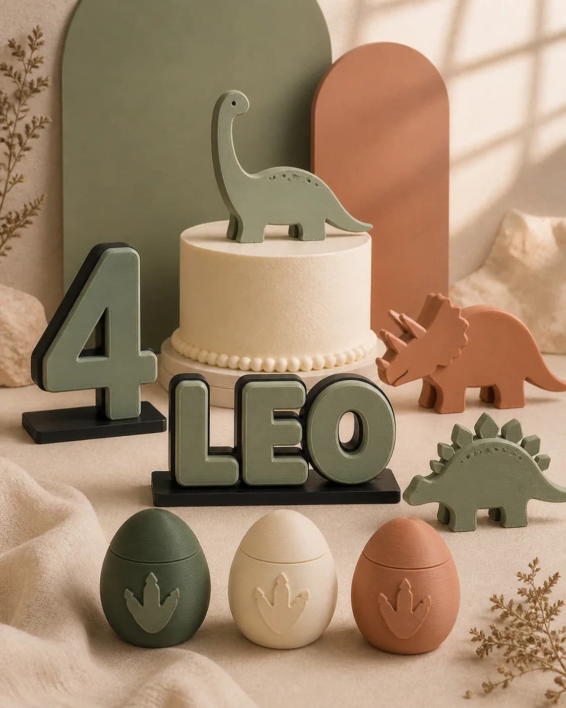 Sage and terracotta dinosaur party set: a layered LEO name sign, standing number four, long-neck cake topper, triceratops and stegosaurus silhouettes, and three egg-shaped favor boxes