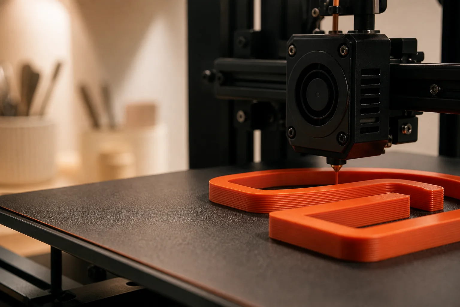 Close-up of orange filament being laid down by a 3D printer